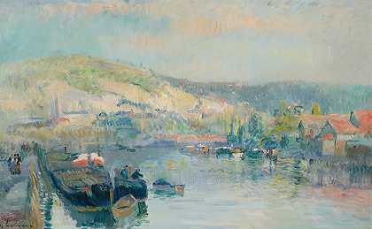 鲁昂附近活跃的驳船和塞纳河沿岸`Péniche Et Bord De Seine Animé Près De Rouen by Albert Lebourg