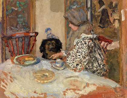 《餐桌上的女人和狗》，1908年`Woman and Dog at Table, 1908 by Pierre Bonnard