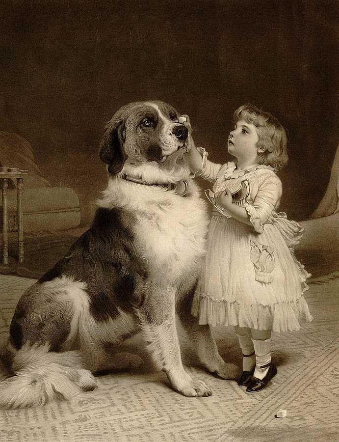 相信我，一个小女孩在一只大狗的鼻子上放了一个糖块`Trust, A Little Girl place a Sugarlump on the Nose of a Large Dog by Charles Burton Barber