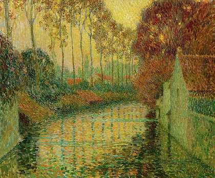 秋天的运河，吉瑟斯`Canal in Autumn, Gisors by Henri Le Sidaner