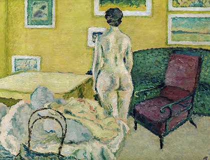 室内裸体站立，1908年`Interior with Standing Nude, 1908 by Harald Giersing