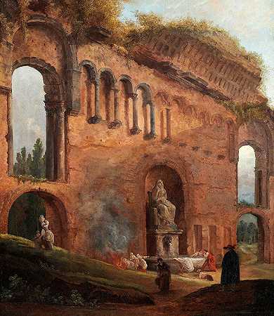 有洗衣店的罗马废墟`Roman ruins with laundresses (c. 1777) by Hubert Robert