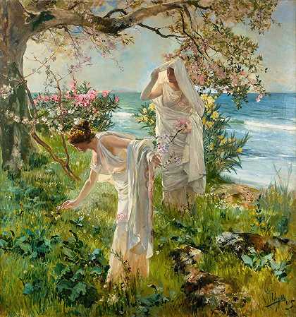 岸上的希腊女孩`Greek girls on the shore (1895) by Joaquín Sorolla