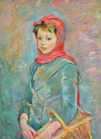 小女孩拿着篮子，小女孩拿着篮球`Fillette portant un panier, Young Girl Holding a Basket by Berthe Morisot