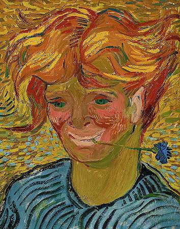 带矢车菊的年轻人，1890年`Young Man with Cornflower, 1890 by Vincent van Gogh