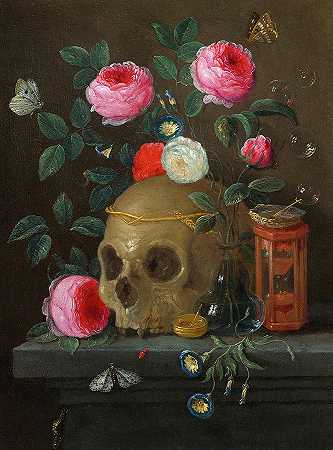 瓦尼塔斯静物画，1665-1670年`Vanitas Still Life, 1665-1670 by Jan van Kessel the Elder