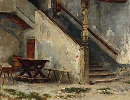 带楼梯的走廊`Hausgang mit Treppenaufgang by Franz von Defregger