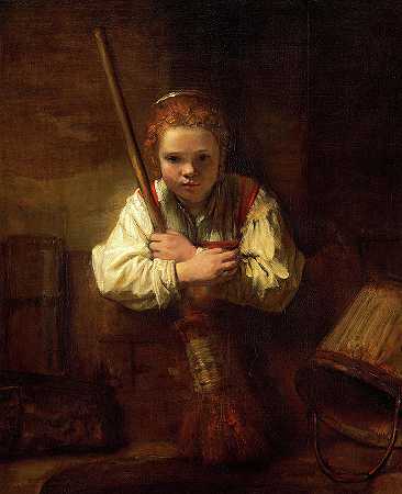 一个拿着扫帚的女孩，1646-1651年`A Girl with a Broom, 1646-1651 by Rembrandt van Rijn