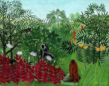 1910年绘制的有猴子的热带森林`Tropical Forest with Monkeys, Painted in 1910 by Henri Rousseau