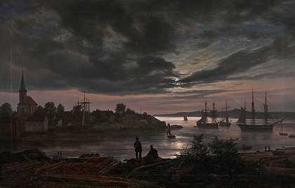 拉维克`Larvik by Moonlight (1839) by Moonlight by Johan Christian Dahl
