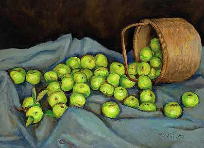 蓝布上的青苹果`Green Apples on Blue Cloth by Walt Kuhn