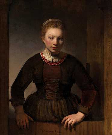 1645年，一个开着的半扇门前的年轻女子`Young Woman at an Open Half-Door, 1645 by Rembrandt van Rijn