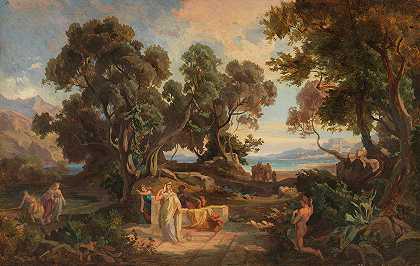 奥德修斯向诺西卡求救`Odysseus approaches Nausicaa pleading for help (1864) by Friedrich Preller the Elder