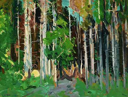 穿过树林，缅因州的蒙赫根岛`Through the Trees, Monhegan Island, Maine by George Wesley Bellows