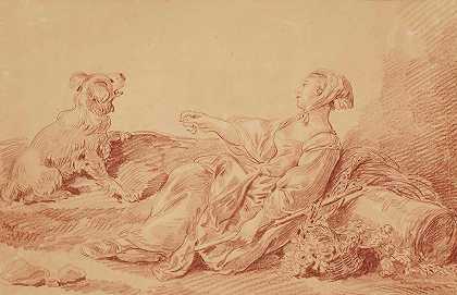 牧羊女和她的狗坐在一起`Bergère assise avec son chien by Jean-Baptiste Huet
