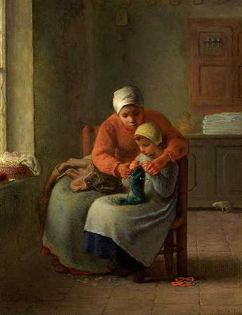 针织课，1860年`The Knitting Lesson, 1860 by Jean-Francois Millet