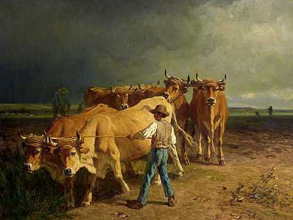 耕牛`Oxen Plowing by Constant Troyon