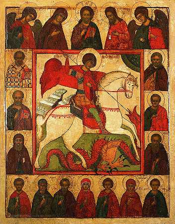 圣乔治的标志，带迪西斯、圣徒和烈士`Icon of Saint George with Deesis, Saints, and Martyrs by Russian Icon
