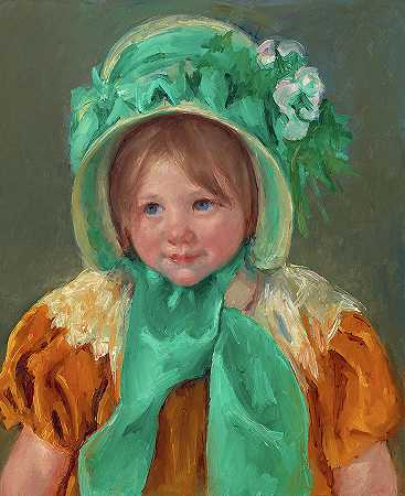 戴着绿色帽子的莎拉，1901年`Sara in a Green Bonnet, 1901 by Mary Cassatt