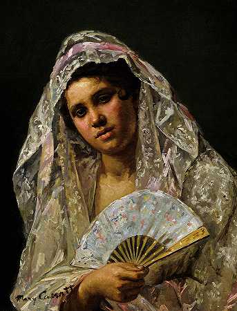 穿着蕾丝披肩的西班牙舞者，1873年`Spanish Dancer Wearing a Lace Mantilla, 1873 by Mary Cassatt
