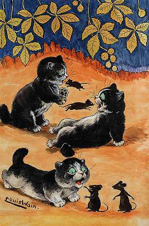 小猫和老鼠的游戏时间`Kittens and Mice\’s Playtime by Louis Wain