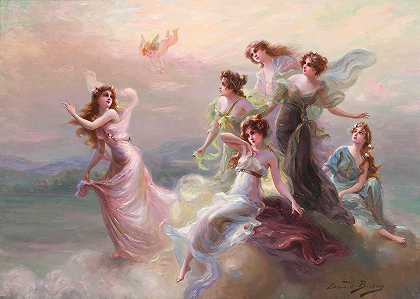 仙女与丘比特之舞`The Dance of the Nymphs and Cupid (ca 1900) by Édouard Bisson