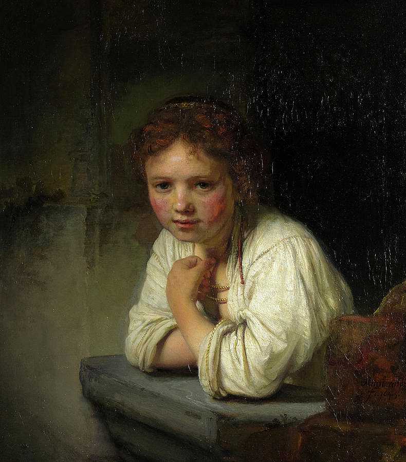 窗前女孩，1645年`Girl at a Window, 1645 by Rembrandt