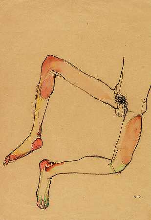 自画像，男性裸体坐像`Self-Portrait, Seated Male Nude by Egon Schiele