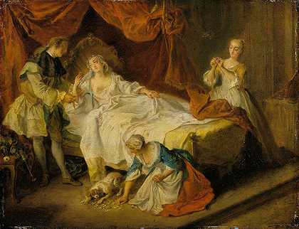 摇摇晃晃的小狗钱和石头（小狗摇钱和宝石）`Le petit chien qui secoue de largent et des pierreries (The Little Dog shaking Money and Gems) (c. 1737 ~ 1738) by Nicolas Lancret