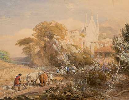 科波迪卡瓦附近的收割场和拉沃卡特拉修道院`Harvest field and the monastery of La Vocatella, near Corpo di Cava (mid~1840s) by Samuel Palmer