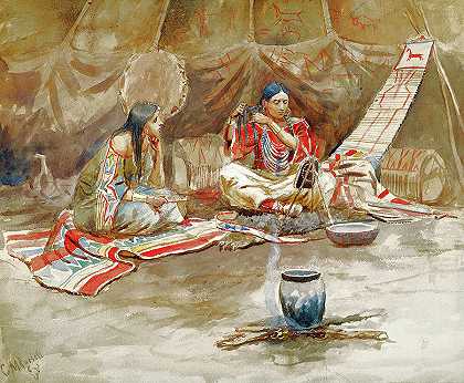 两名印度少女`Two Indian Maidens by Charles Marion Russell