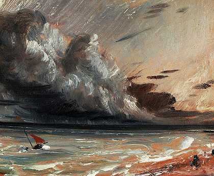 海景研究，船和暴风雨的天空，1828年`Seascape Study, Boat and Stormy Sky, 1828 by John Constable