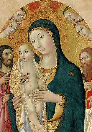1460-1470年，圣母与圣约翰、圣巴塞洛缪和四位天使`Madonna and Child with Saint John the Baptist, Saint Bartholomew, and Four Angels, 1460-1470 by Sano di Pietro