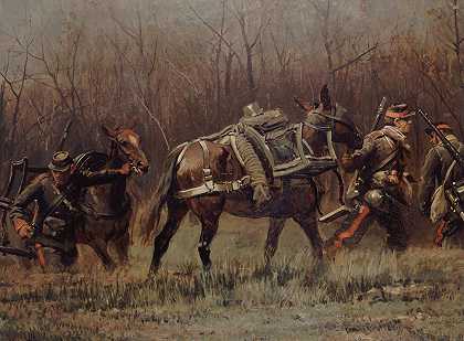 军事场景驱动骡子D救护车（Champigny全景图的一部分）`Scène militaire; mobiles conduisant des mulets dambulances (fragment du panorama de Champigny) (1881) by Jean-Baptiste Édouard Detaille