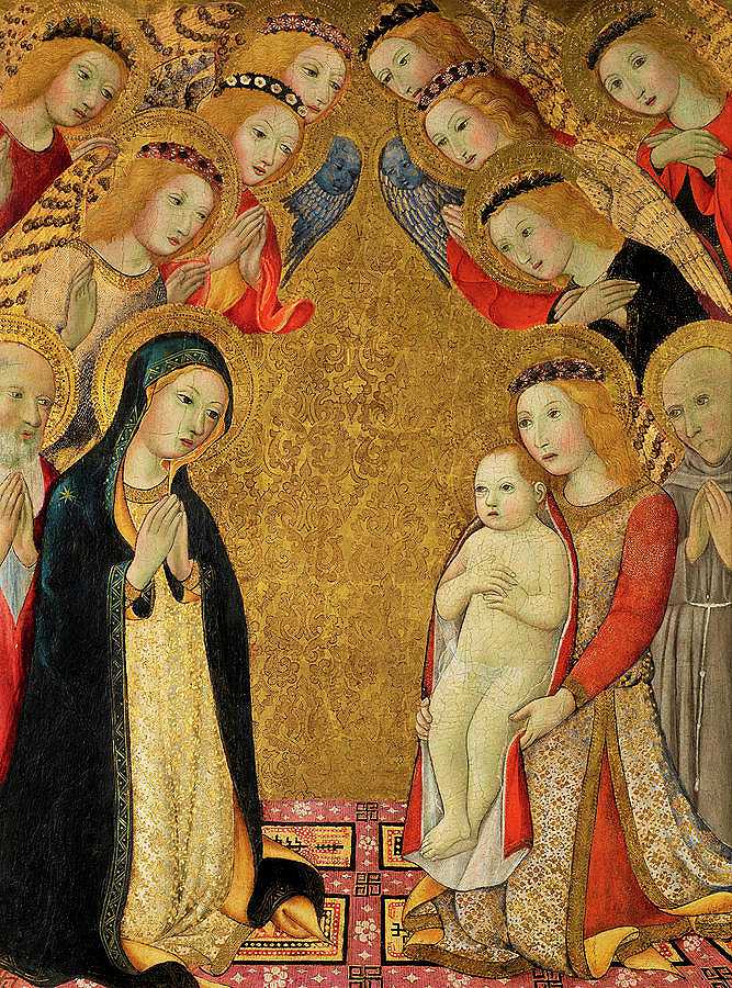 圣母与圣人伯纳德、伯纳迪诺和天使一起崇拜基督的孩子`The Virgin in Adoration of the Christ Child with Saints Bernard and Bernardino and Angels by Sano di Pietro