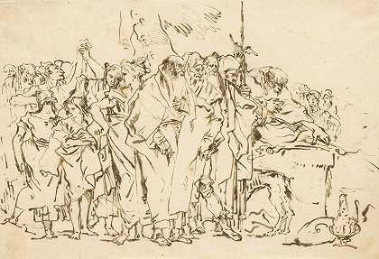 一群穿着古罗马或东方服饰的人聚集在异教徒的祭坛前`A Crowd of Persons in Antique Roman or Oriental Dress, Gathering at a Pagan Altar (ca. 1743) by Giovanni Domenico Tiepolo