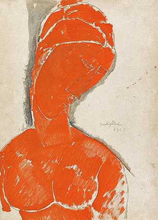 红色女性半身像`Female Bust in Red by Amedeo Modigliani