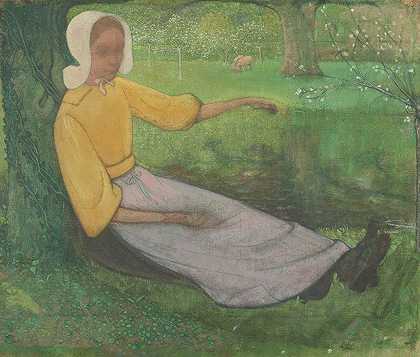 慧禅女子坐在树下`Woman of Huizen sitting under a Tree (1888 1895) by Richard Nicolaüs Roland Holst