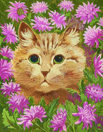 花丛中的猫`Cat Amongst the Flowers by Louis Wain