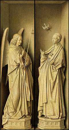 圣母玛利亚和大天使加布里埃尔的《通知》，德累斯顿三联画`The Annunciation, Virgin Mary and Archangel Gabriel, Dresden Triptych by Jan van Eyck