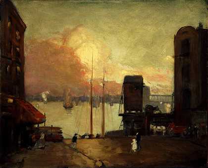 积云，东河`Cumulus Clouds, East River (1901~1902) by Robert Henri