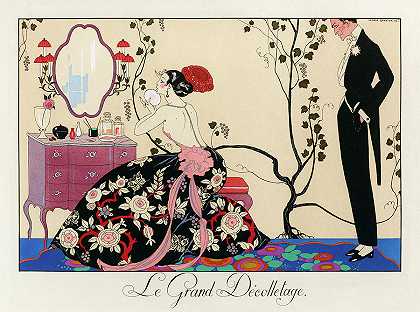 露背连衣裙，一个女人坐在梳妆台旁，被一个男人羡慕`The Backless Dress, A Woman Sitting at her Dressing Table, admired by a Man by George Barbier