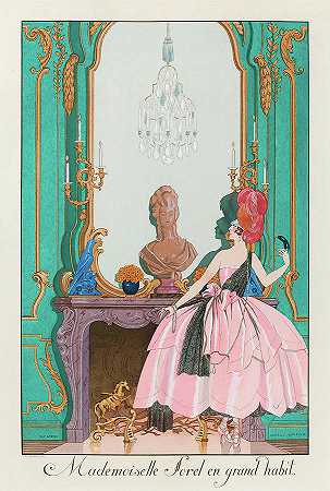 索雷尔小姐站在一个壁炉前`Mademoiselle Sorel in Grand Habit, A Woman Standing in Front of a Fireplace by George Barbier