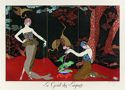漆器的时尚，两个女人站在漆器屏幕前`The Fashion for Lacquer, Two Women in Front of a Lacquered Screen by George Barbier