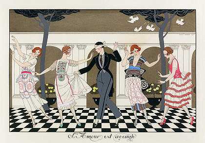 爱情是盲目的，一个蒙着眼睛的男人和四个女人跳舞`Love is Blind, A Blindfolded Man Dancing with Four Women by George Barbier