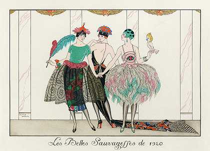 美丽的野蛮人，三个穿着异国情调服装的女人排成一行`The Beautiful Savages, Three Women in a Line Wearing Exotic Dresses by George Barbier
