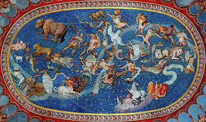 萨拉博洛尼亚的天花板，天体地图`The Ceiling of the Sala Bologna, Celestial Map by Taddeo Zuccaro and Federico Zuccaro