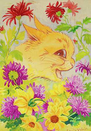 花丛中的猫`Cat Among the Flowers by Louis Wain