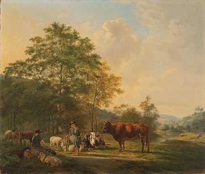有牧羊人、牧人和牛的丘陵景观`Hilly Landscape with Shepherd, Drover and Cattle (1815 ~ 1839) by Pieter Gerardus van Os