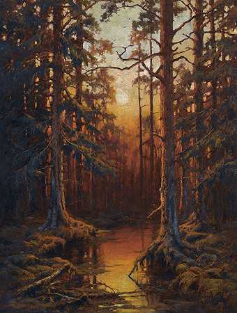 森林日落`Forest Sunset (1912) by Julius Sergius Klever